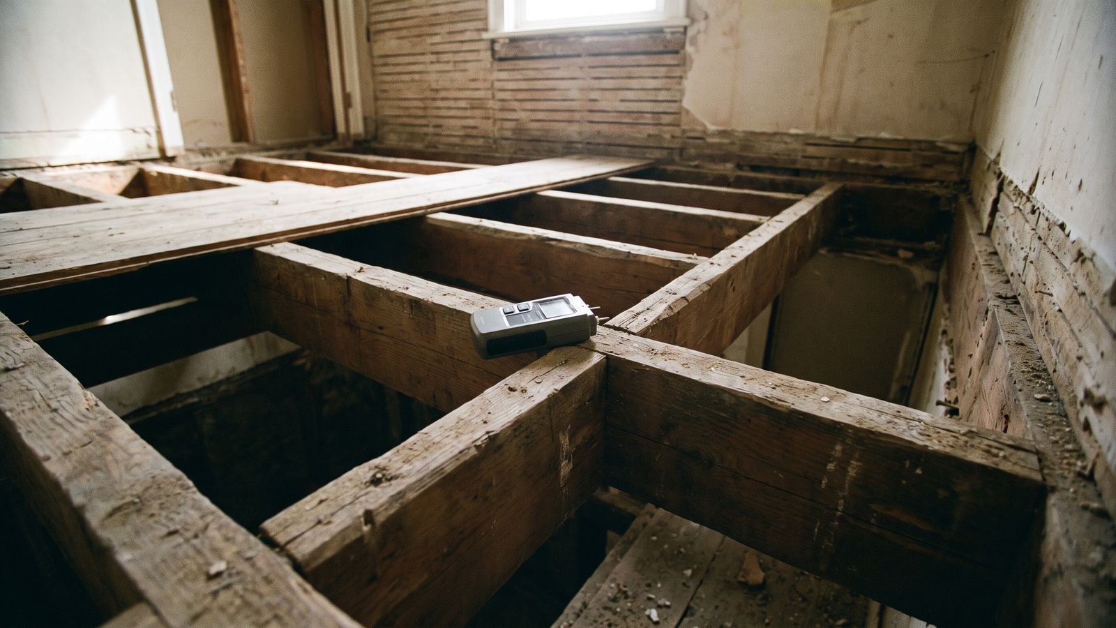 A pin-type moisture meter with a blank display rests on the top edge of an exposed floor joist