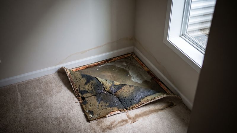Wet carpet and padding pulled back from a tack strip in a room corner before water damage restoration