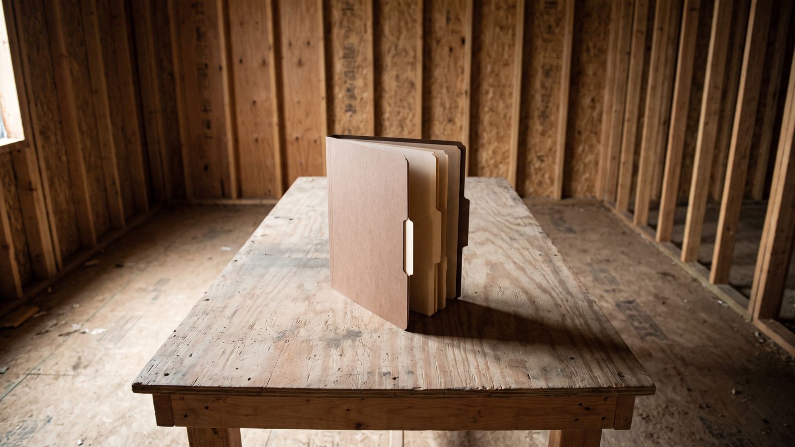 A tabbed file folder standing open on a plywood-topped table in a stripped wood-framed room