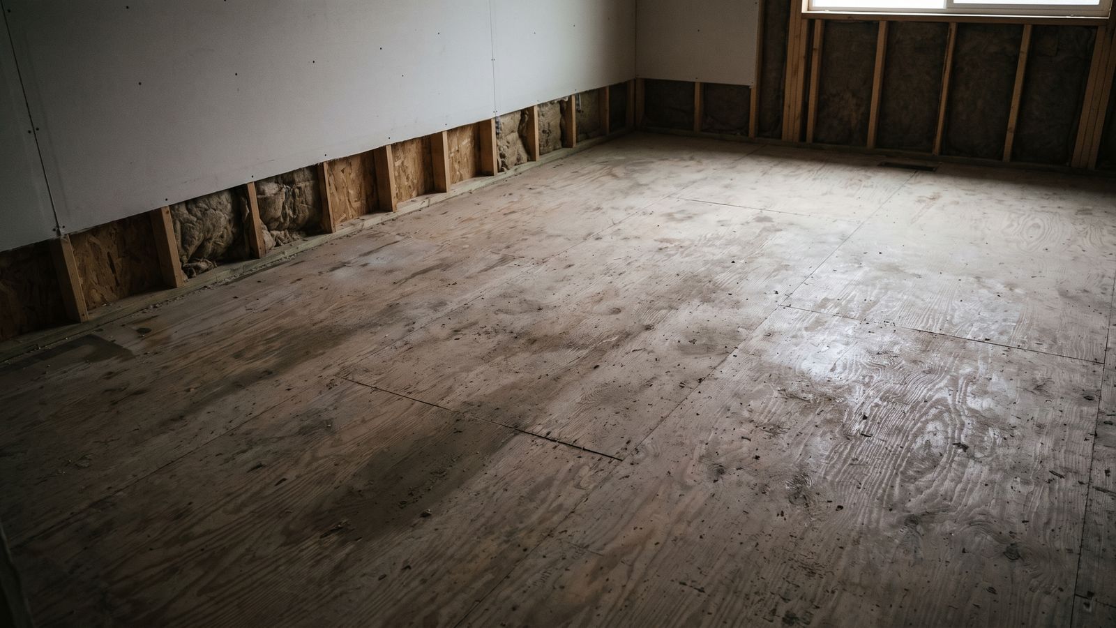 A flood-cut drywall line above a swept plywood subfloor in an emptied wood-framed room