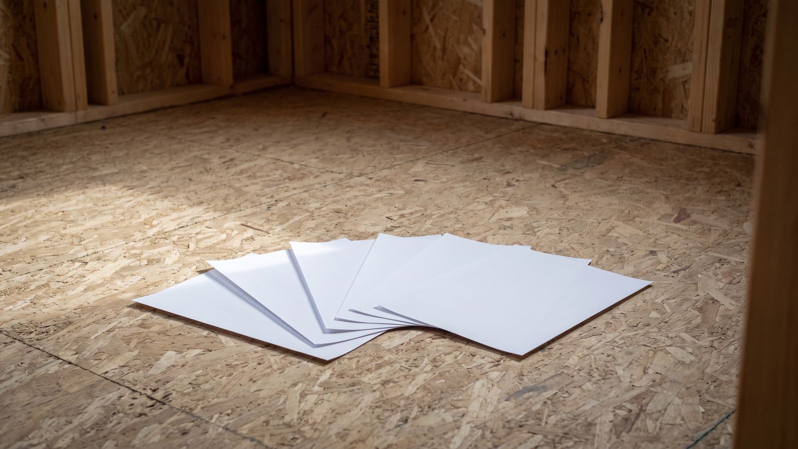 Several unmarked sheets of paper fanned loose on a bare strand-board subfloor in a stud-framed room