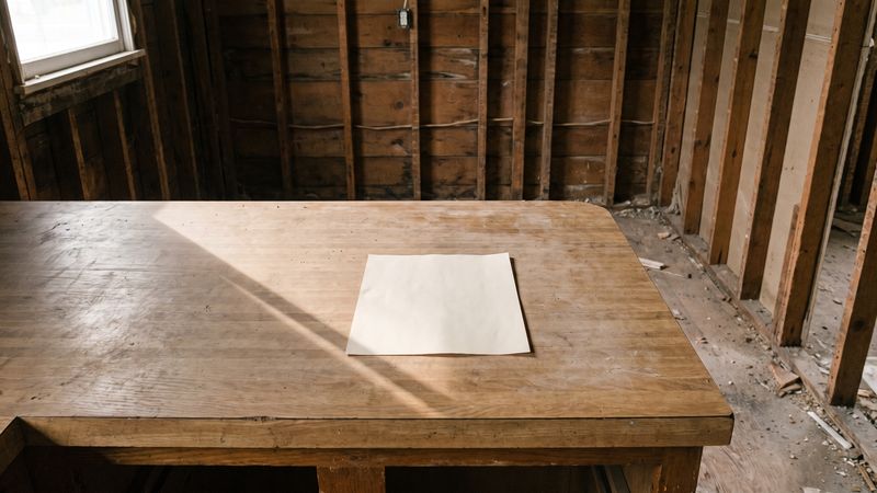A single sheet of paper squared on a bare wooden table in a room stripped to open studs
