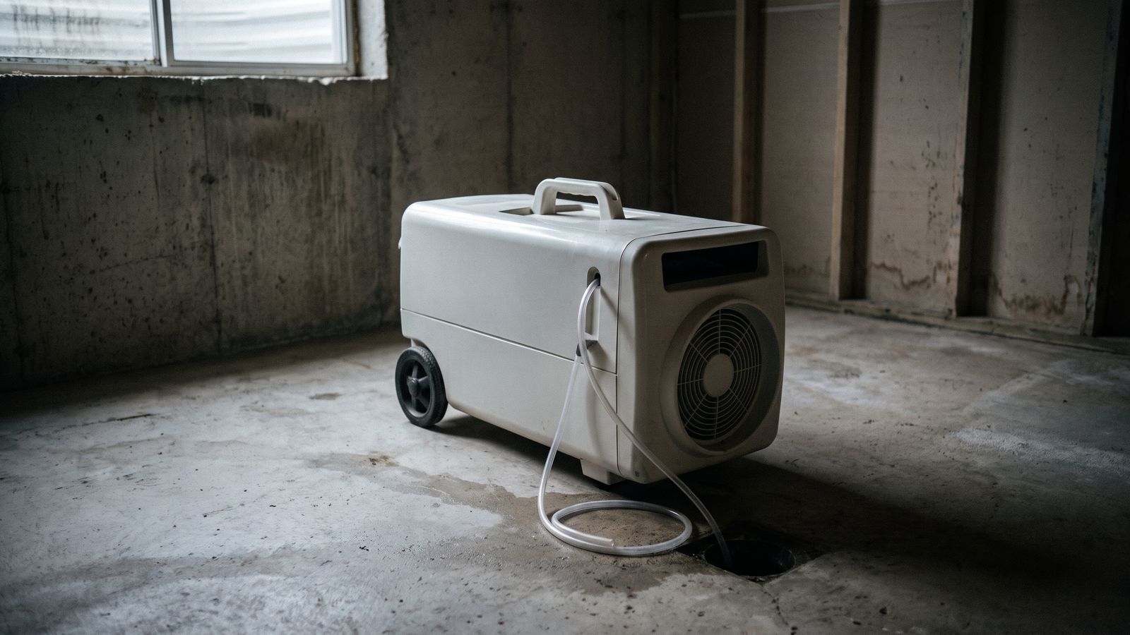 Dehumidifier draining to a basement floor drain Portable dehumidifier on a bare slab with its drain line run into a floor drain, drying a flooded basement