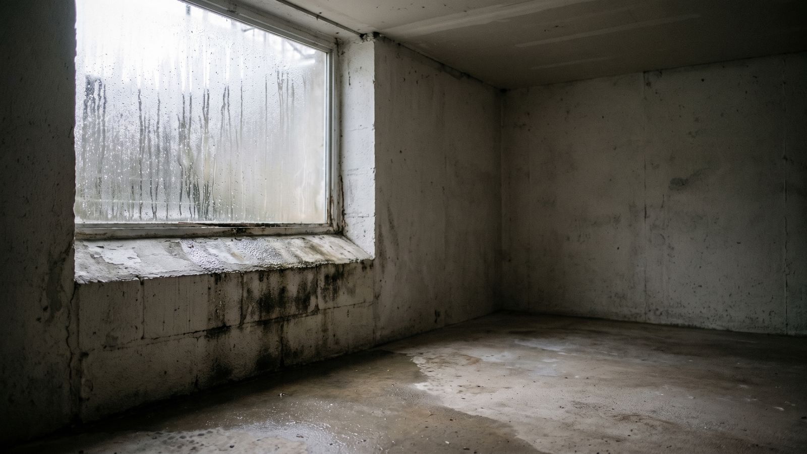 Condensation on a damp basement window Condensation running down the inside of a basement window onto a damp sill above the wet slab of a flooded basement