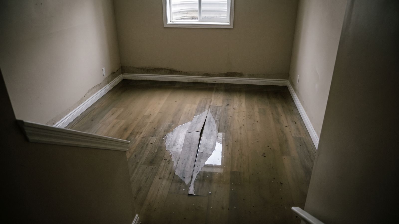 Buckled plank flooring in a flooded basement Plank flooring lifted and split open with water beneath it in a flooded basement, dark wicking above the white base trim