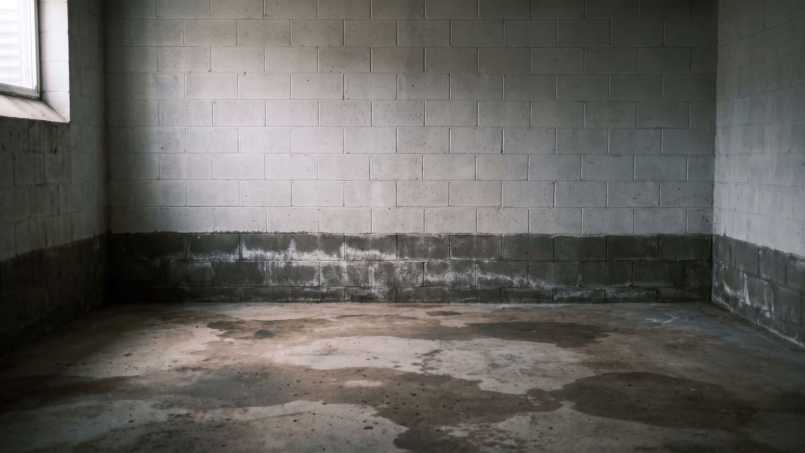 Damp band drying back on a basement block wall Damp band and chalky efflorescence along the base of a block foundation wall as a flooded basement dries back