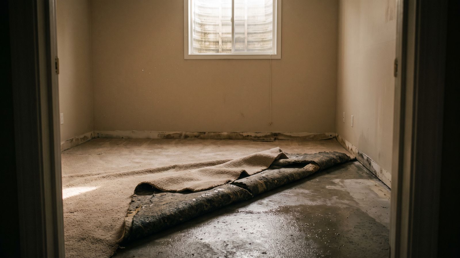 Wet carpet rolled back off a basement slab Wet carpet rolled back off the pad and damp slab of an empty finished basement, the first step to dry out a flooded basement