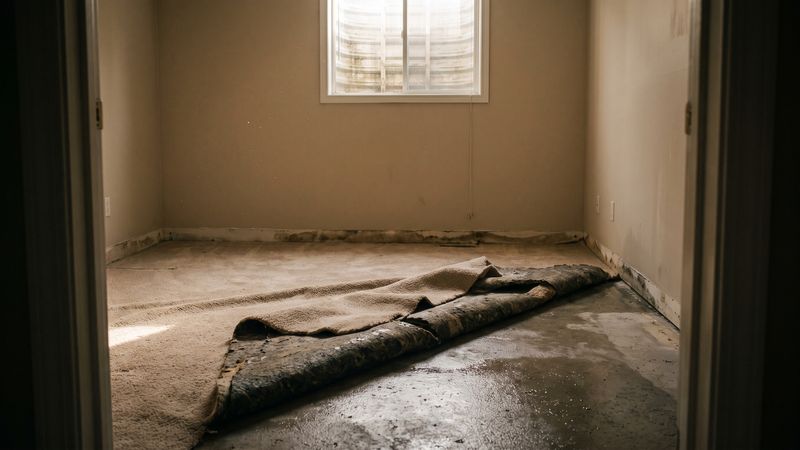 Wet carpet rolled back off the pad and damp slab of an empty finished basement, the first step to dry out a flooded basement