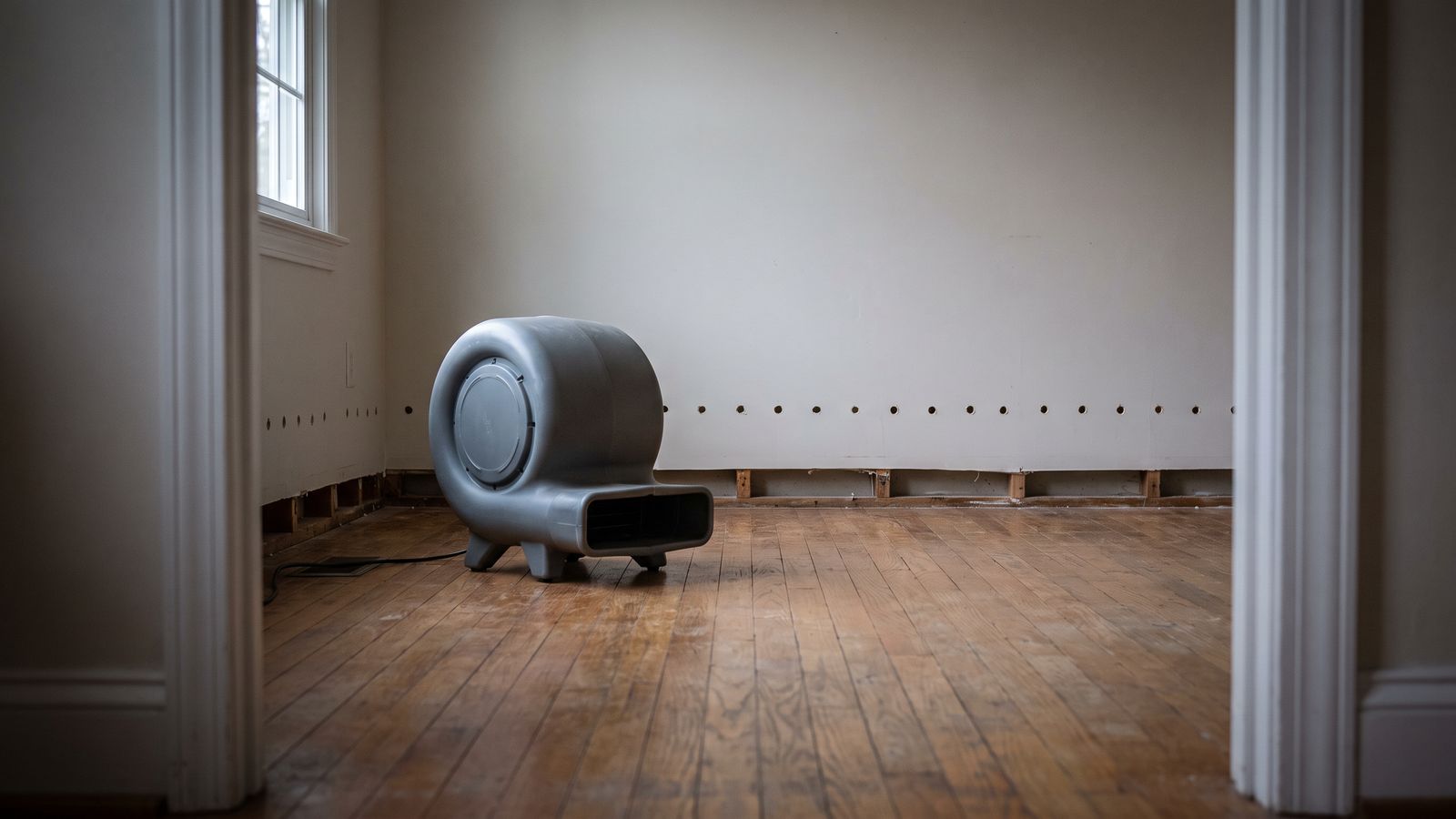 A centrifugal air mover sits beside a line of drilled weep holes, the professional way to dry out walls after water damage