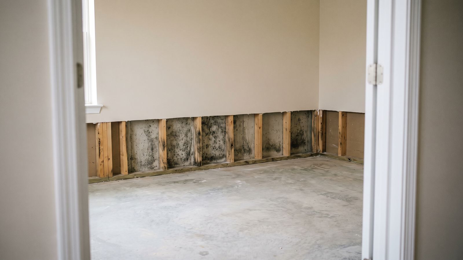 A two-foot flood cut exposing bare studs and dark staining, the result of failing to dry out walls after water damage