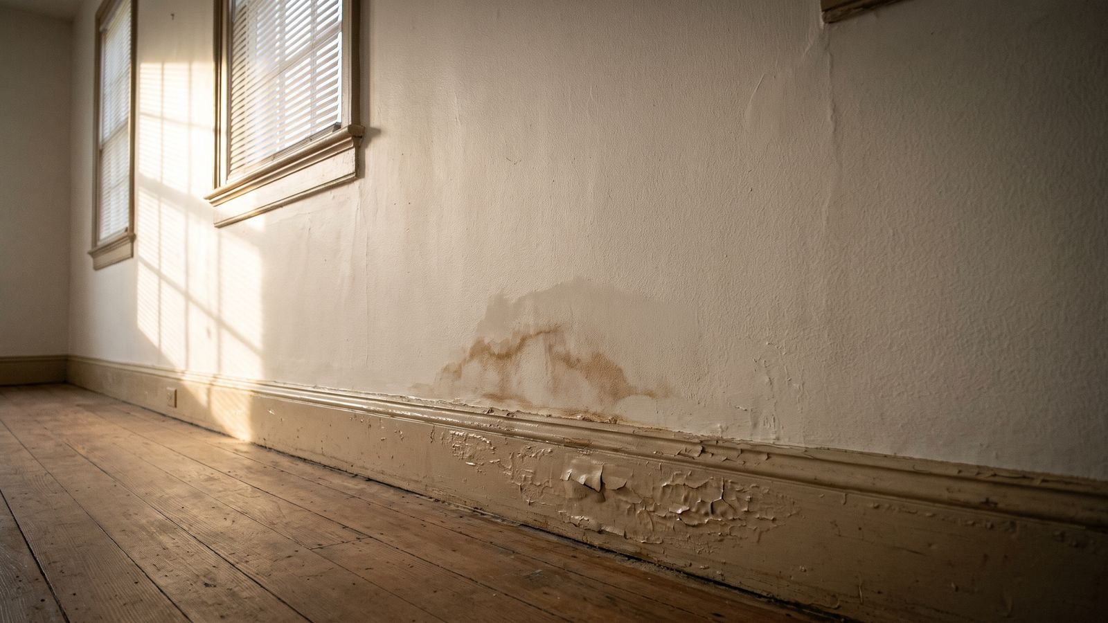 A brown stain bleeding through paint above blistered trim, what happens when you fail to dry out walls after water damage