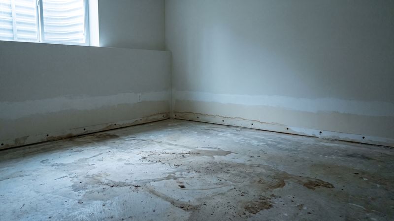 Drilled weep holes along a wall base with baseboard removed, showing how to dry out walls after water damage