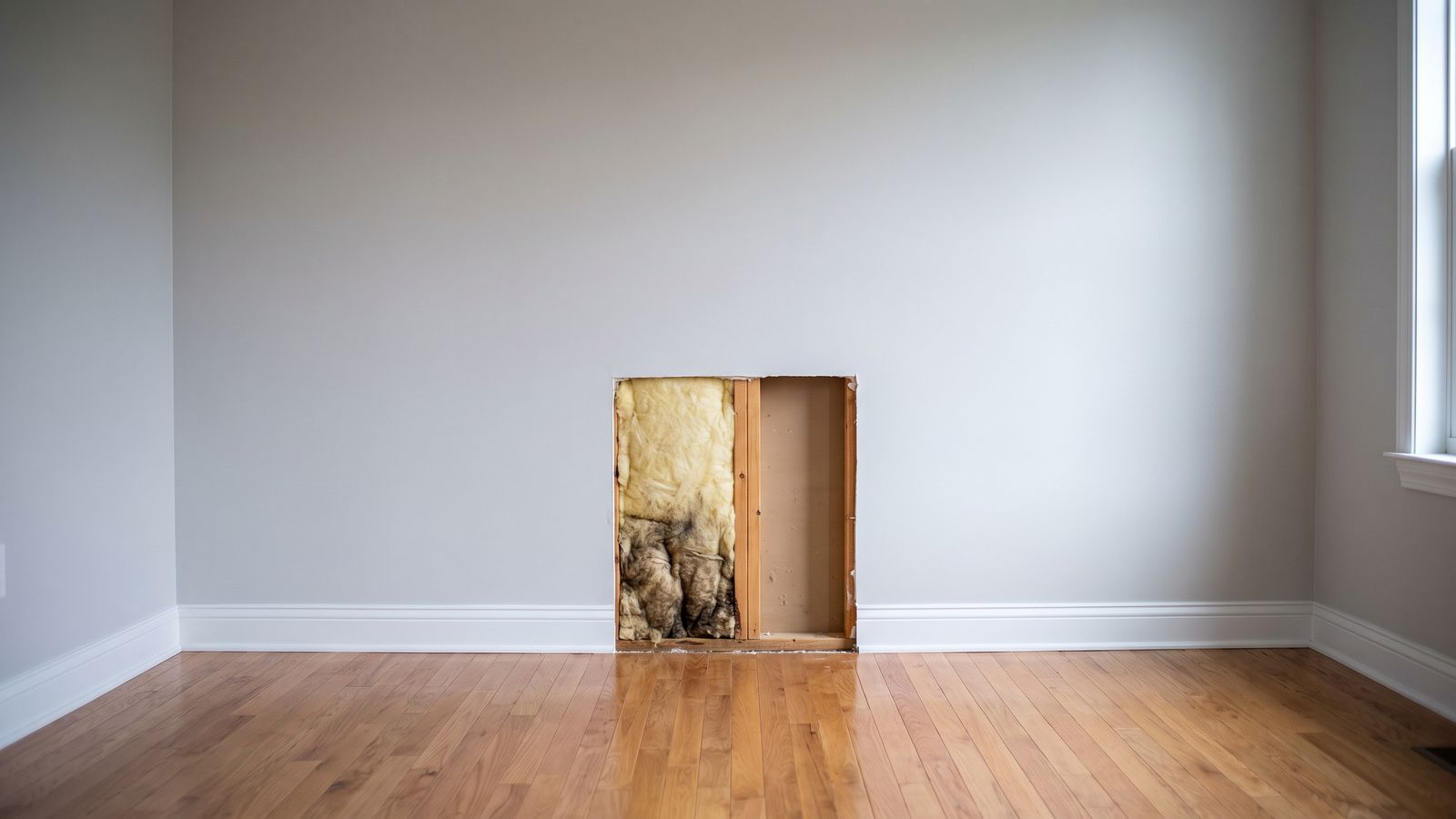 Wet fiberglass insulation in an open stud bay shows why you must dry out walls after water damage, not just the surface