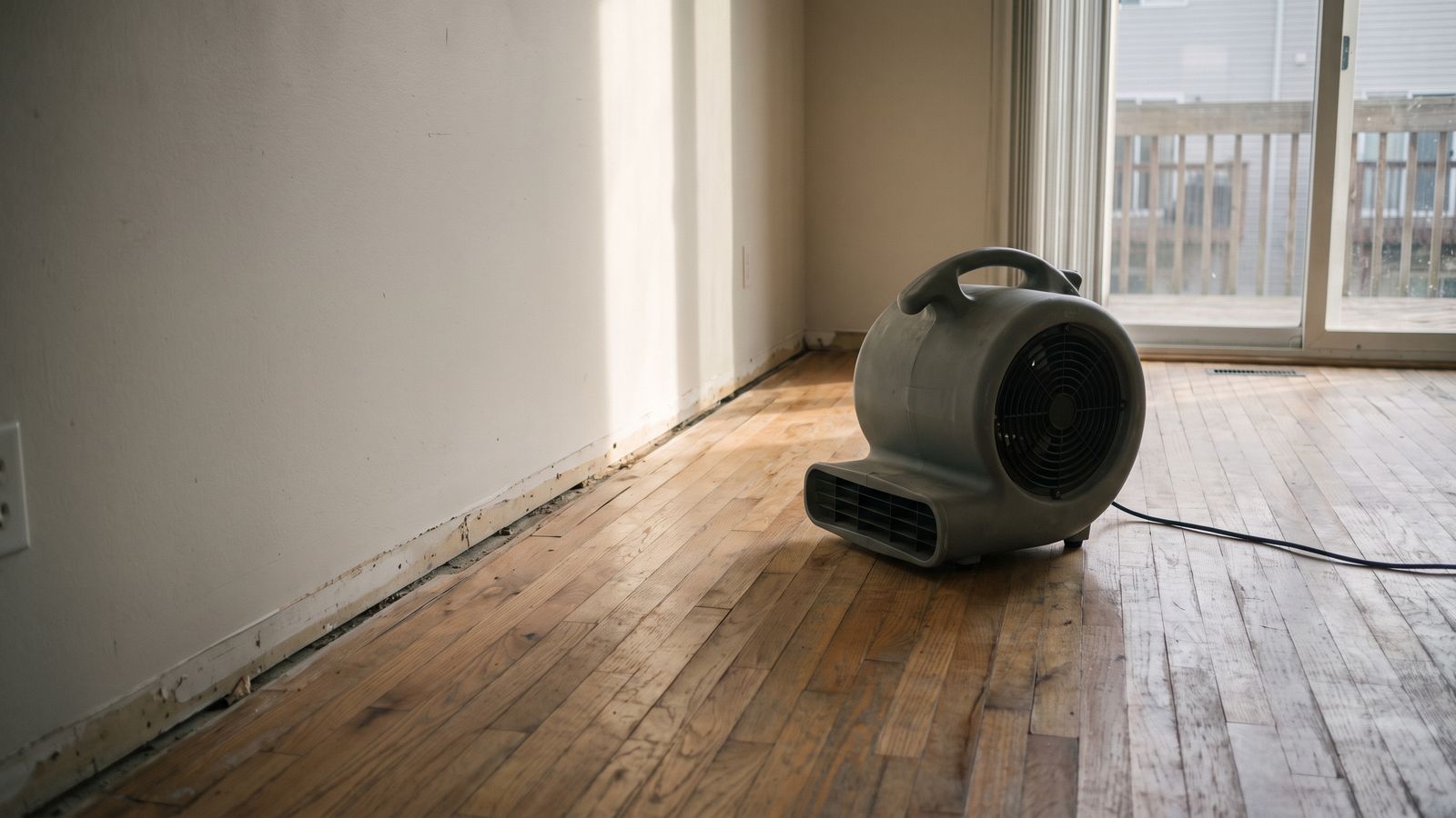 Centrifugal air mover on a hardwood floor, drying equipment on a water damage job
