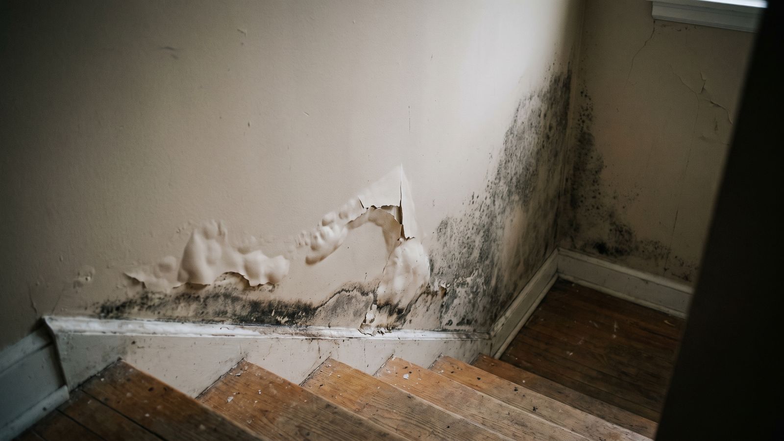 Black mold and blistered paint on a stairwell wall, the result of delay after water damage