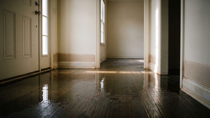 Standing water and a tide line in an oak hallway, the first photo to take in how to file a water damage insurance claim