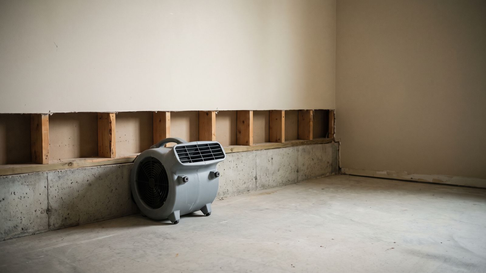 Air mover beside a flood-cut basement wall Gray air mover beside a flood-cut basement wall, the drying that follows how to find hidden water leak testing