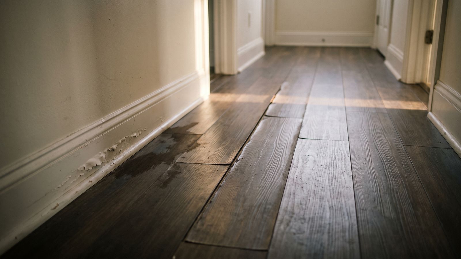 Lifted hallway planks and a damp halo at the baseboard Lifted hallway floor planks and a damp halo at a blistered baseboard, where how to find hidden water leak damage begins