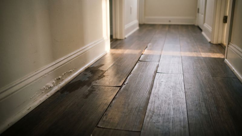 Lifted hallway floor planks and a damp halo at a blistered baseboard, where how to find hidden water leak damage begins