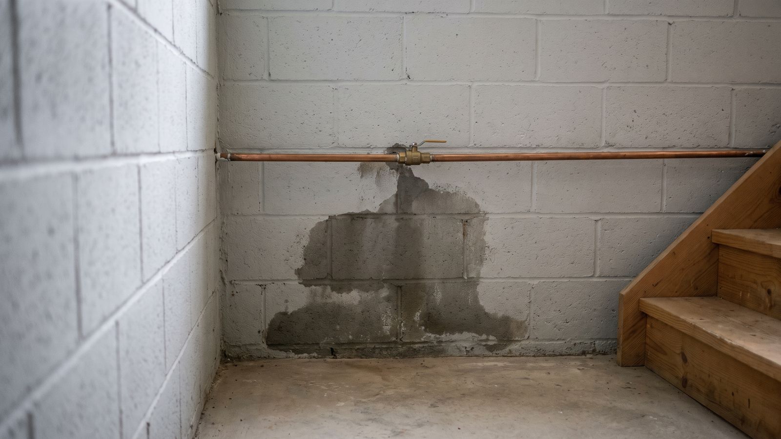 Copper shutoff valve above a damp basement block wall Copper supply line and lever shutoff valve above a damp block wall, the isolation step in how to find hidden water leak