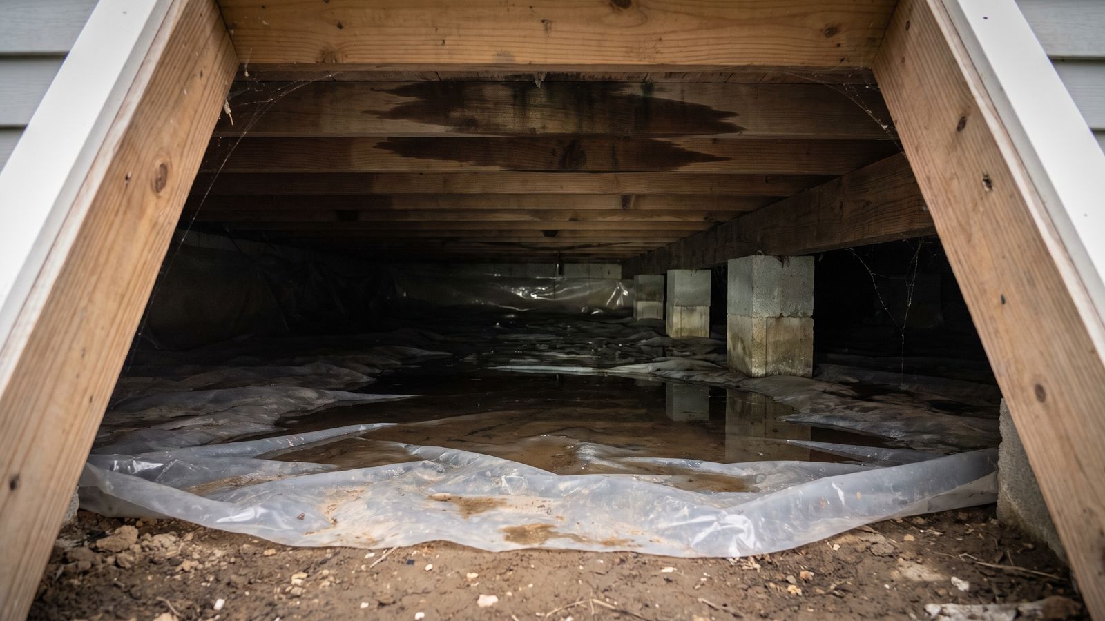 Standing water on a crawl space vapor barrier Standing water on a crawl space vapor barrier under stained joists, where how to find hidden water leak searches lead