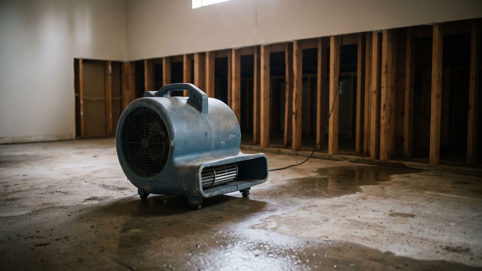 Air mover on a wet slab beside a flood-cut wall A blue air mover set on a wet concrete slab in front of a flood-cut wall with bare studs during structural drying