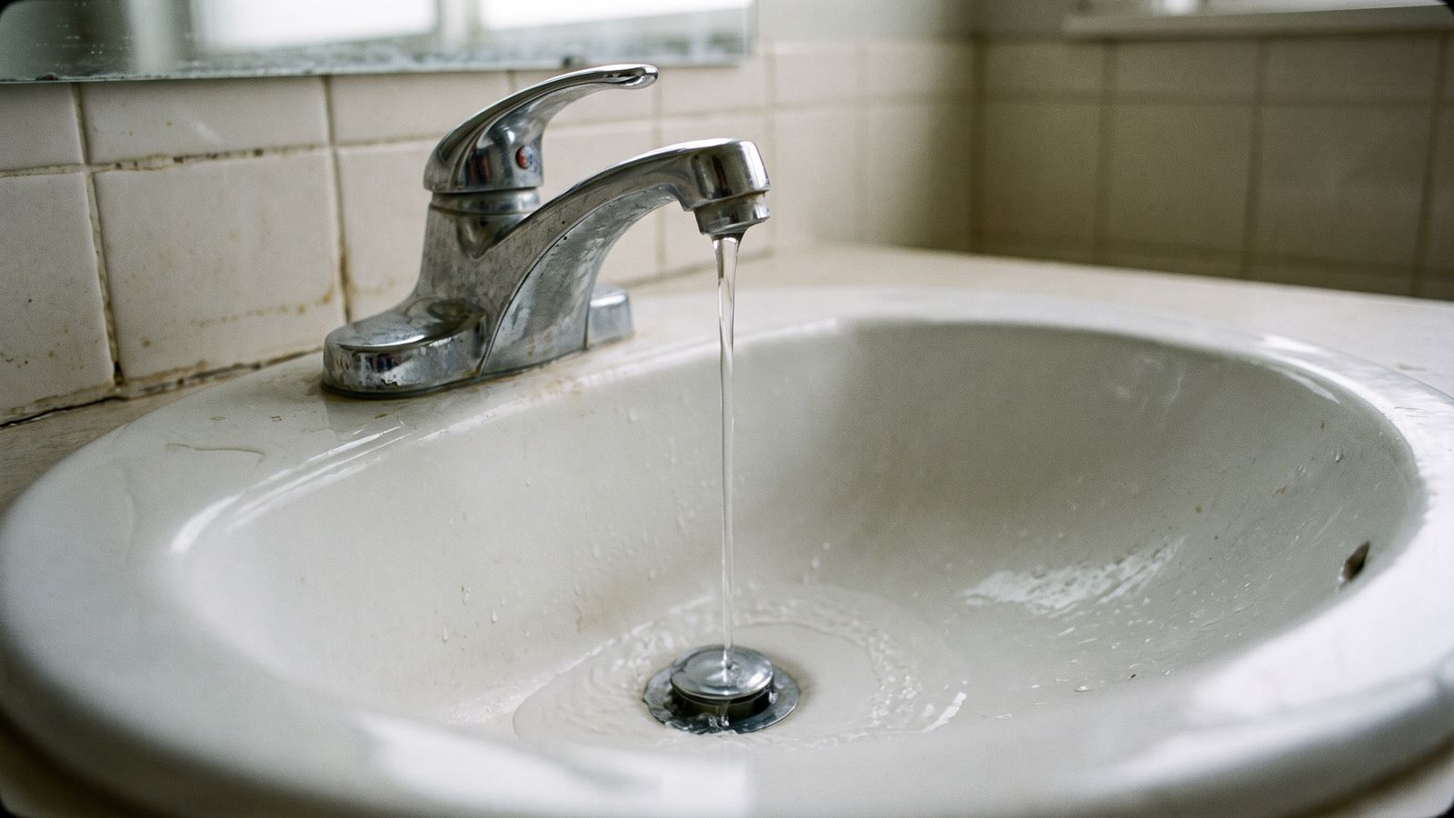 A trickle left running at a bathroom faucet A thin trickle running from a chrome bathroom faucet into a white basin, the overnight drip that helps prevent frozen pipes