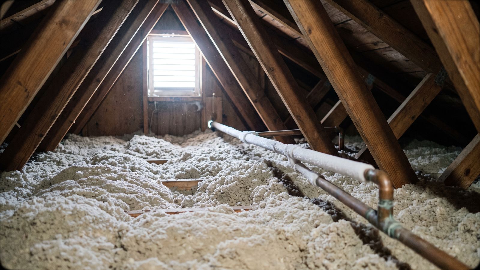 Copper supply lines in an unheated attic Copper supply lines crossing an unheated attic above blown-in insulation, the cold space where pipes freeze first