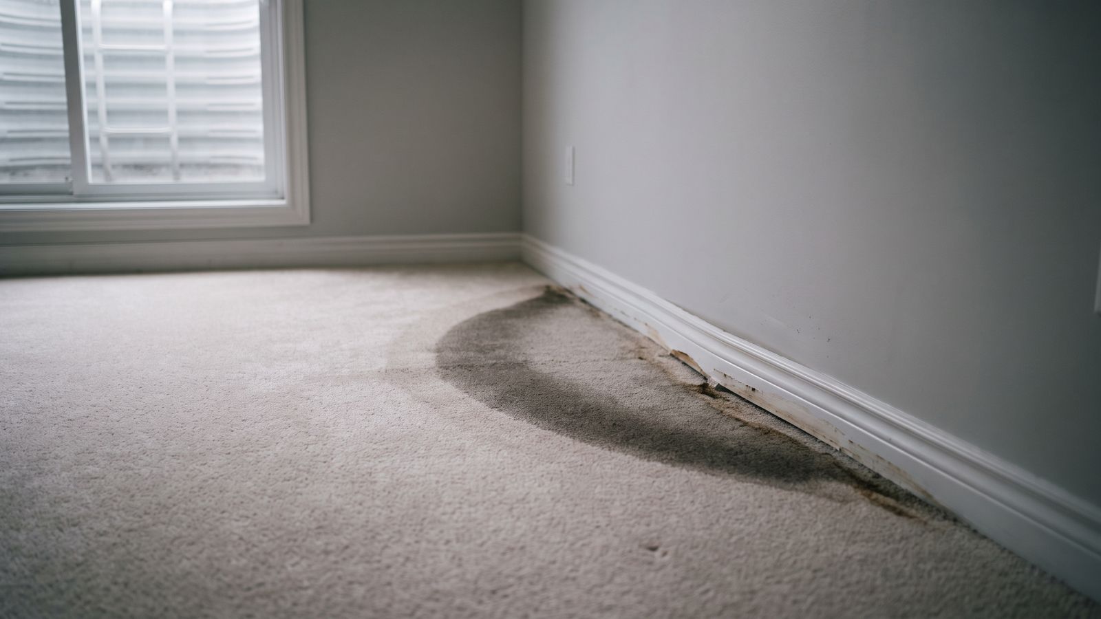 Wet carpet spreading from a swollen baseboard A dark wet arc spreading across pale carpet from a swollen baseboard, the way water shows up when a frozen pipe bursts