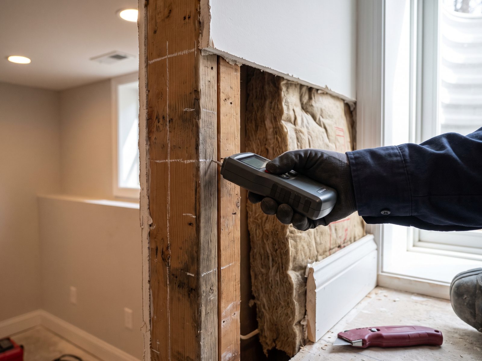 Setting a drying goal from an unaffected stud Pin-type moisture meter pressed into a stud edge in a stripped wall cavity beside reference marks on a dry stud.