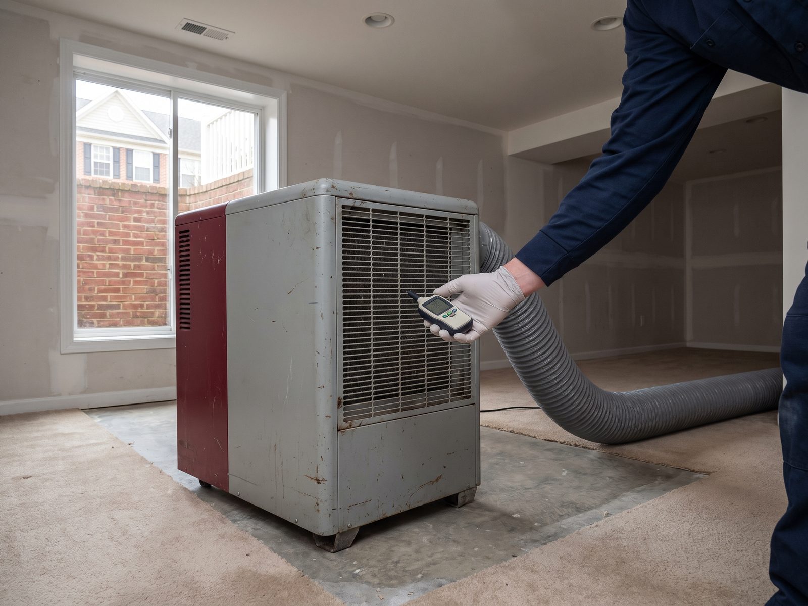Reading intake and discharge air at the dehumidifier Thermo-hygrometer held at the intake grille of a dehumidifier, with the discharge duct in frame behind it.