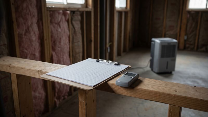 Blank ruled drying log sheet and a thermo-hygrometer on a stud wall top plate, a dehumidifier running behind.