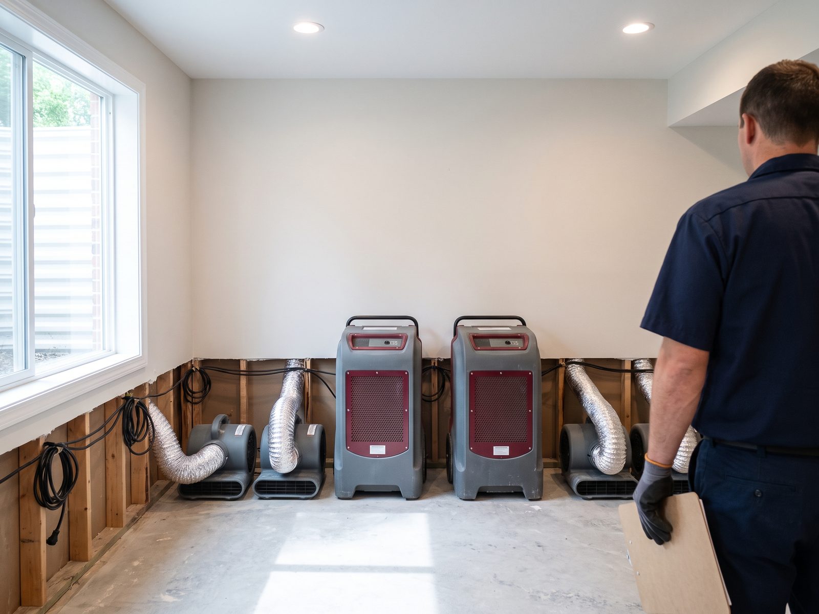 Dehumidifiers and air movers placed along a stripped basement wall while a technician stands by with a clipboard.