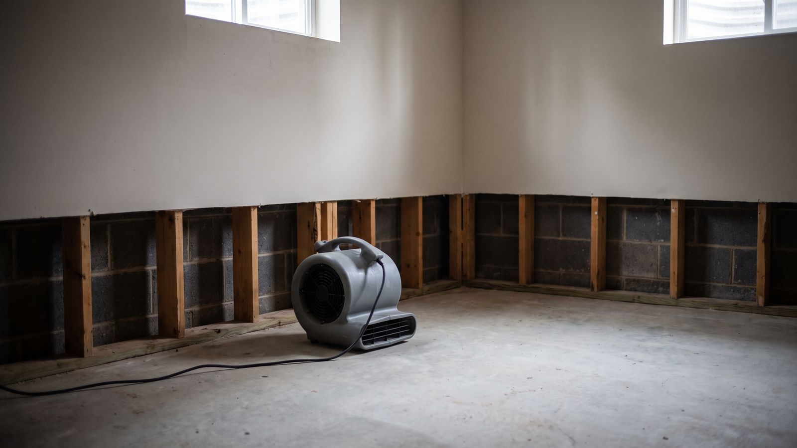 A single gray air mover on the bare slab of a flood-cut basement, one machine-day of equipment on a water mitigation invoice.