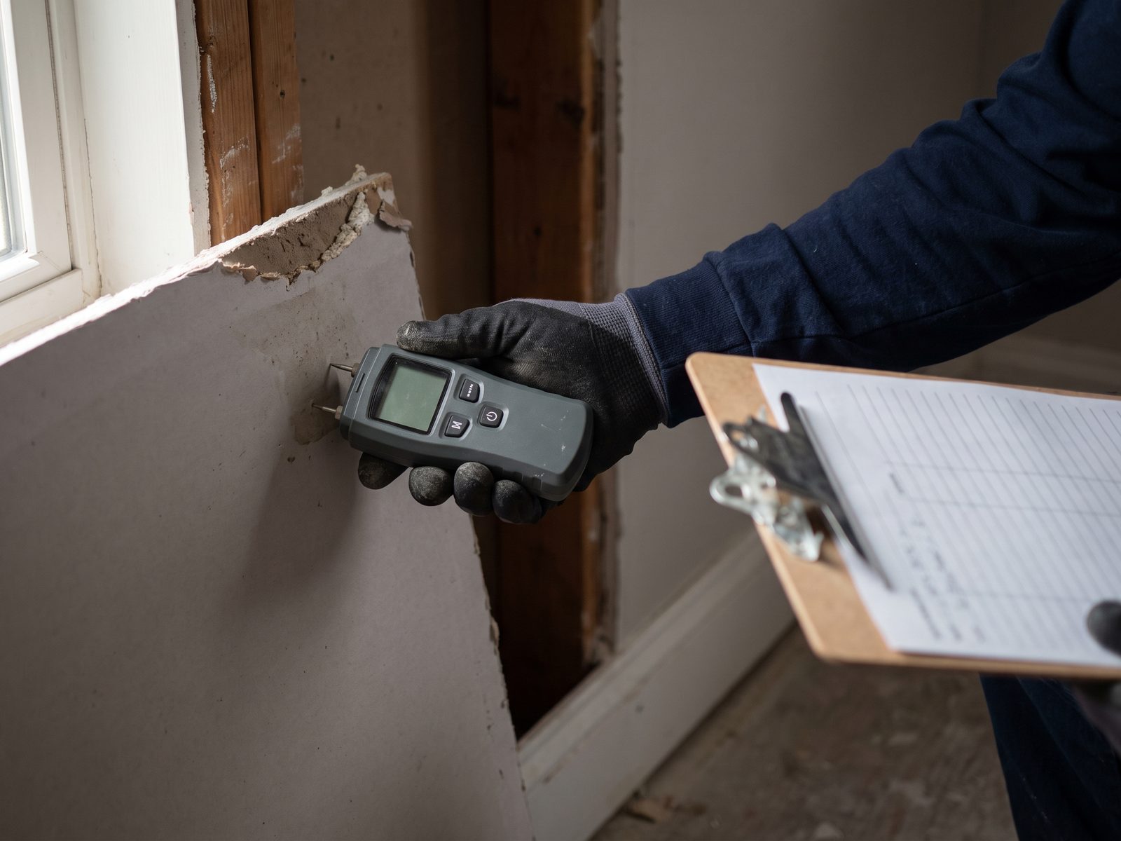 A gloved technician presses a pin-type moisture meter into a cut drywall edge while holding a blank ruled reading sheet on a clipboard.