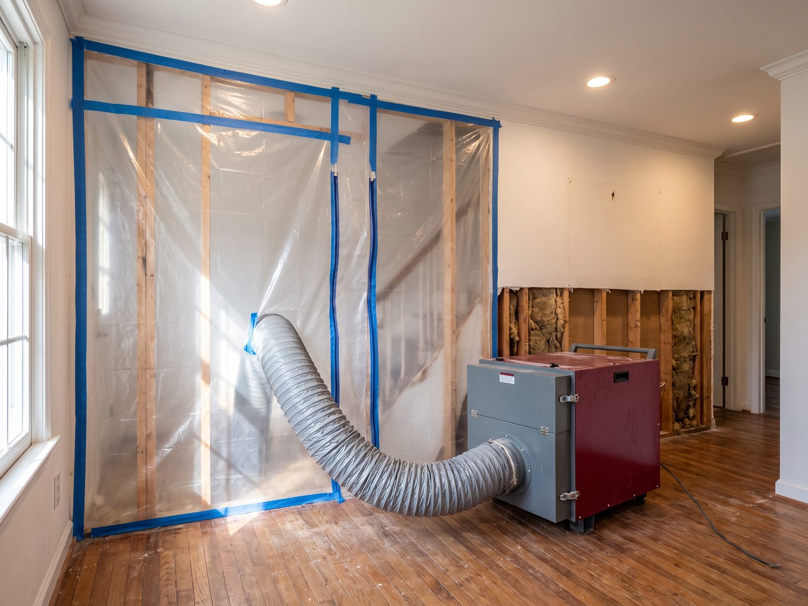 Zippered plastic containment taped across an opened wall, with a duct feeding a gray and red air scrubber beside flood-cut drywall.