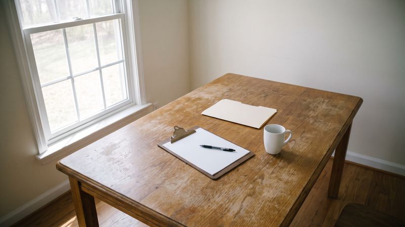 Blank clipboard, pen and file folder on a sunlit dining table, the quiet setup for reading a water mitigation invoice.