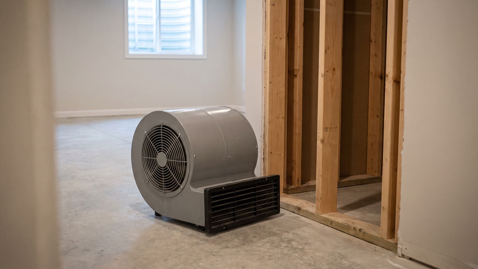Gray centrifugal air mover on a bare basement slab beside stripped framing after moldy drywall was cut out