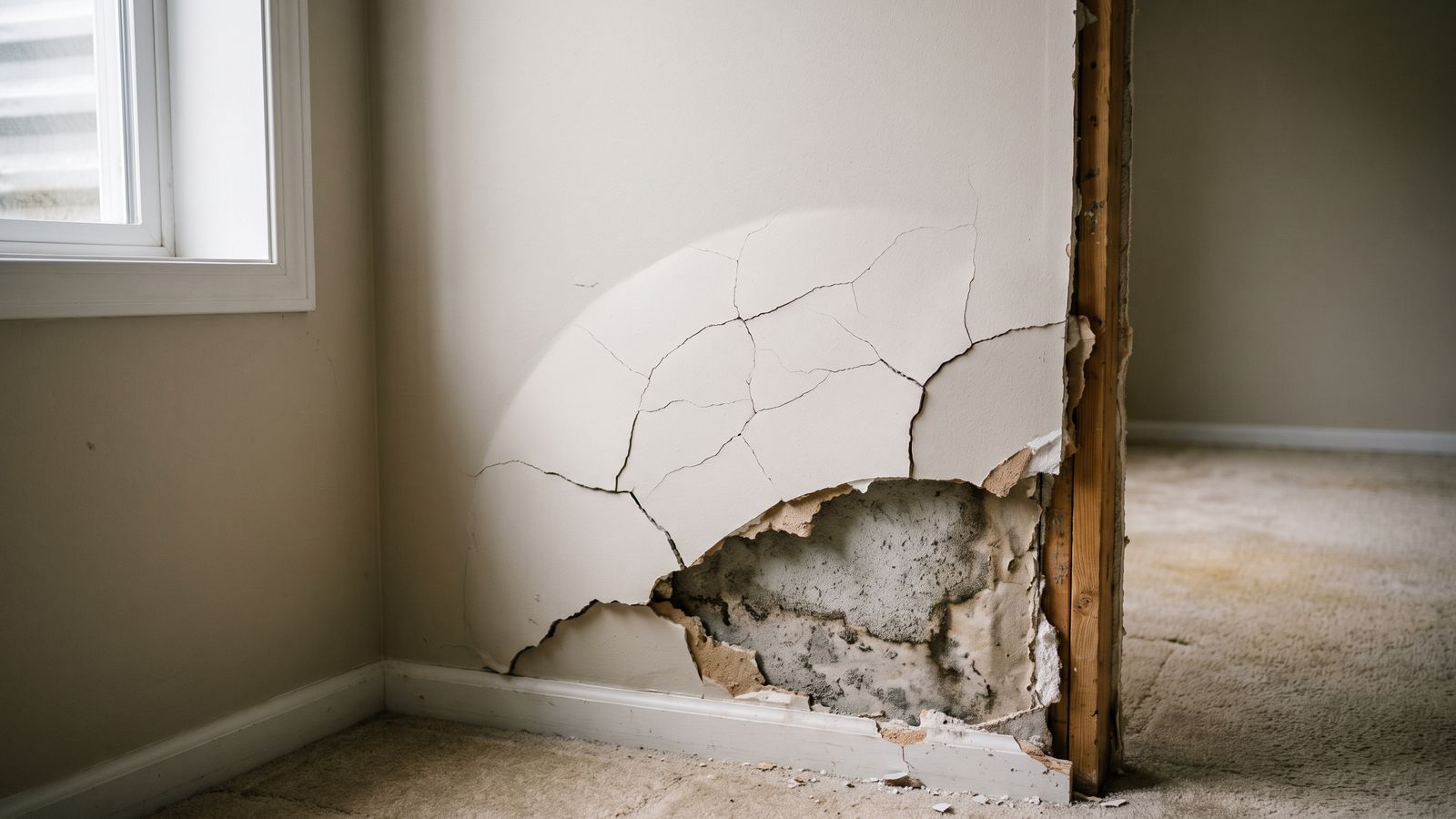 Broken drywall edge exposing a dark stained, crumbling gypsum core beside a stud, the cut-out case for moldy drywall