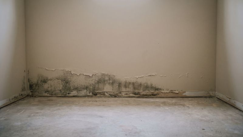 Gray-green mold rising up painted basement drywall above a bare slab, the starting point for how to remove mold from drywall