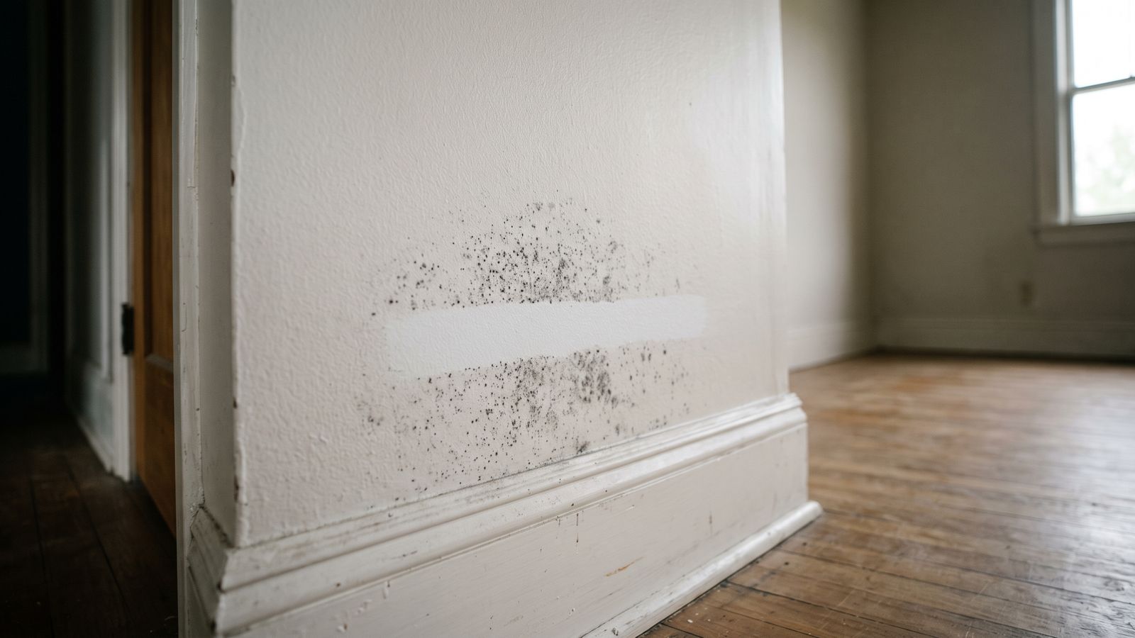 Speckled surface mold on painted drywall with one wiped band coming back clean, the wipe-clean case for mold on drywall