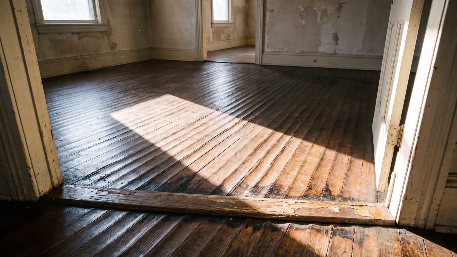 Cupped wood floorboards and dark seam staining show how to tell if water damage is old or new