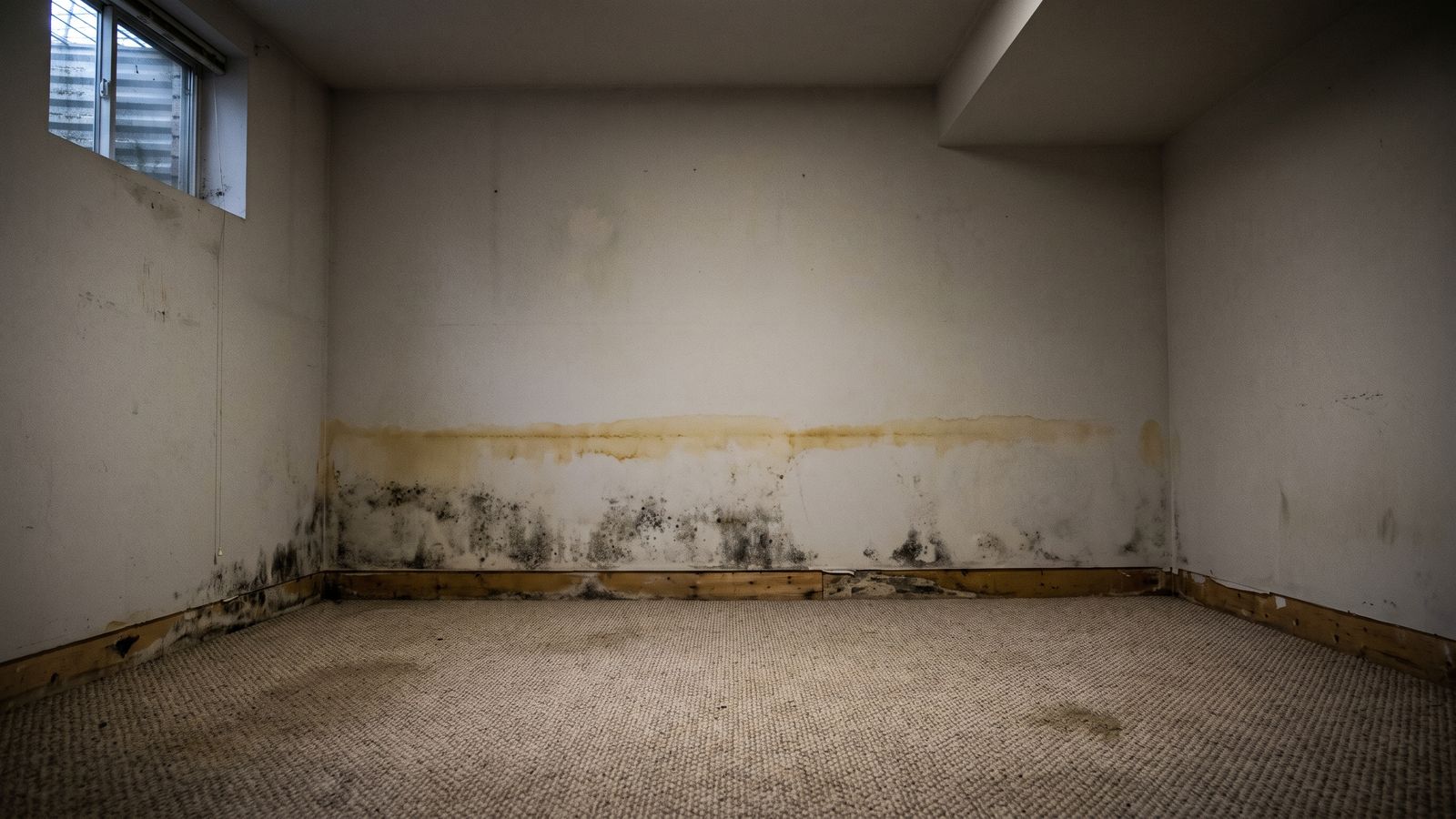 Black mold below a dried tide line on basement drywall, a sign in how to tell if water damage is old or new