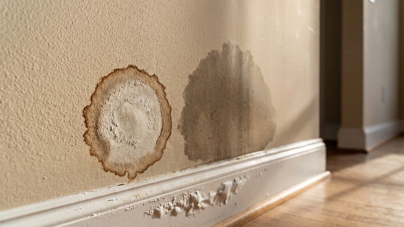 Dried ringed wall stain beside a fresh damp patch, showing how to tell if water damage is old or new