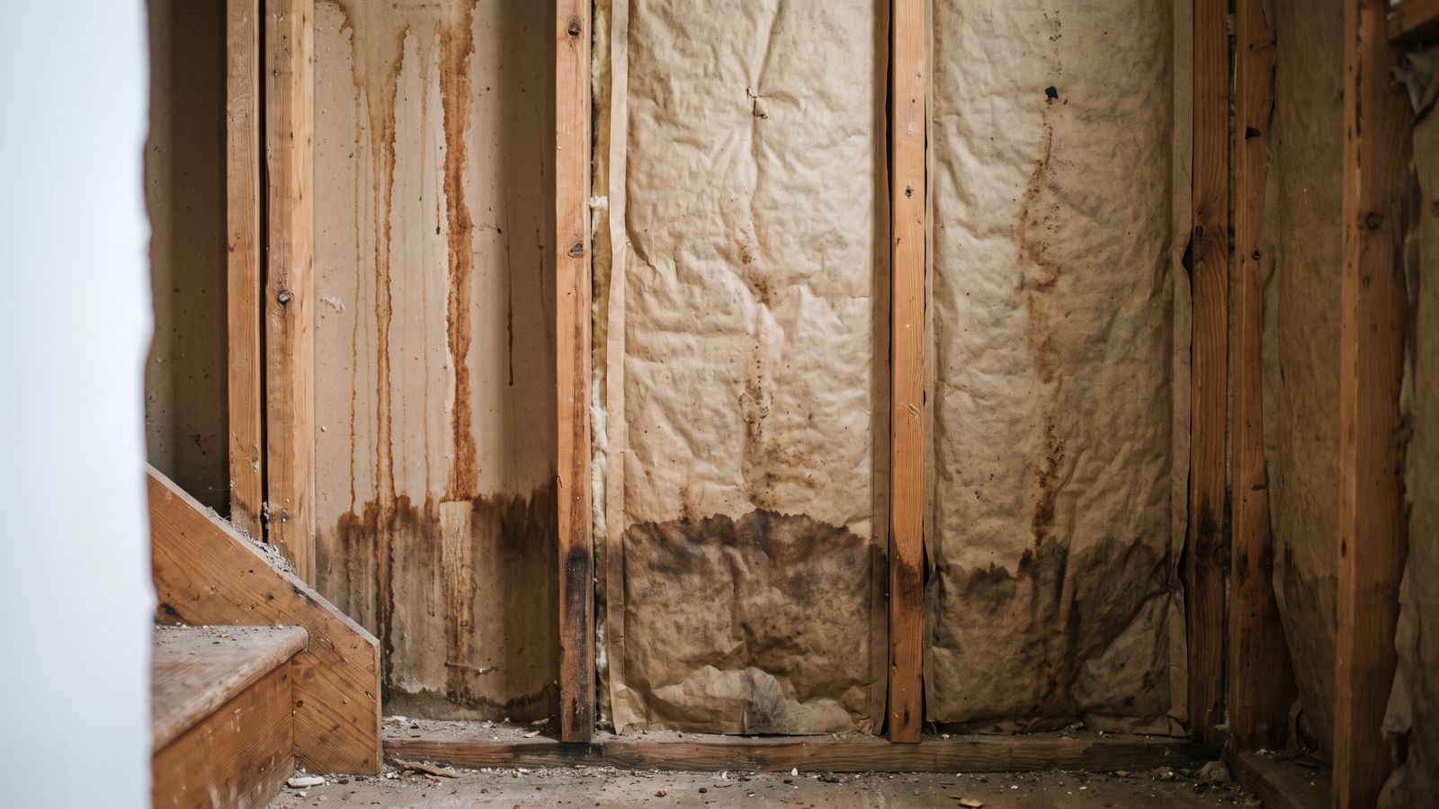 Opened stud bay with old rust-brown water streaks above a darker damp band, evidence that tells old water damage from new