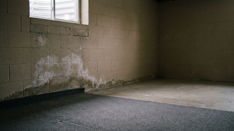 Efflorescence and a damp tide line on a bare block wall, a basement above the humidity level to prevent mold