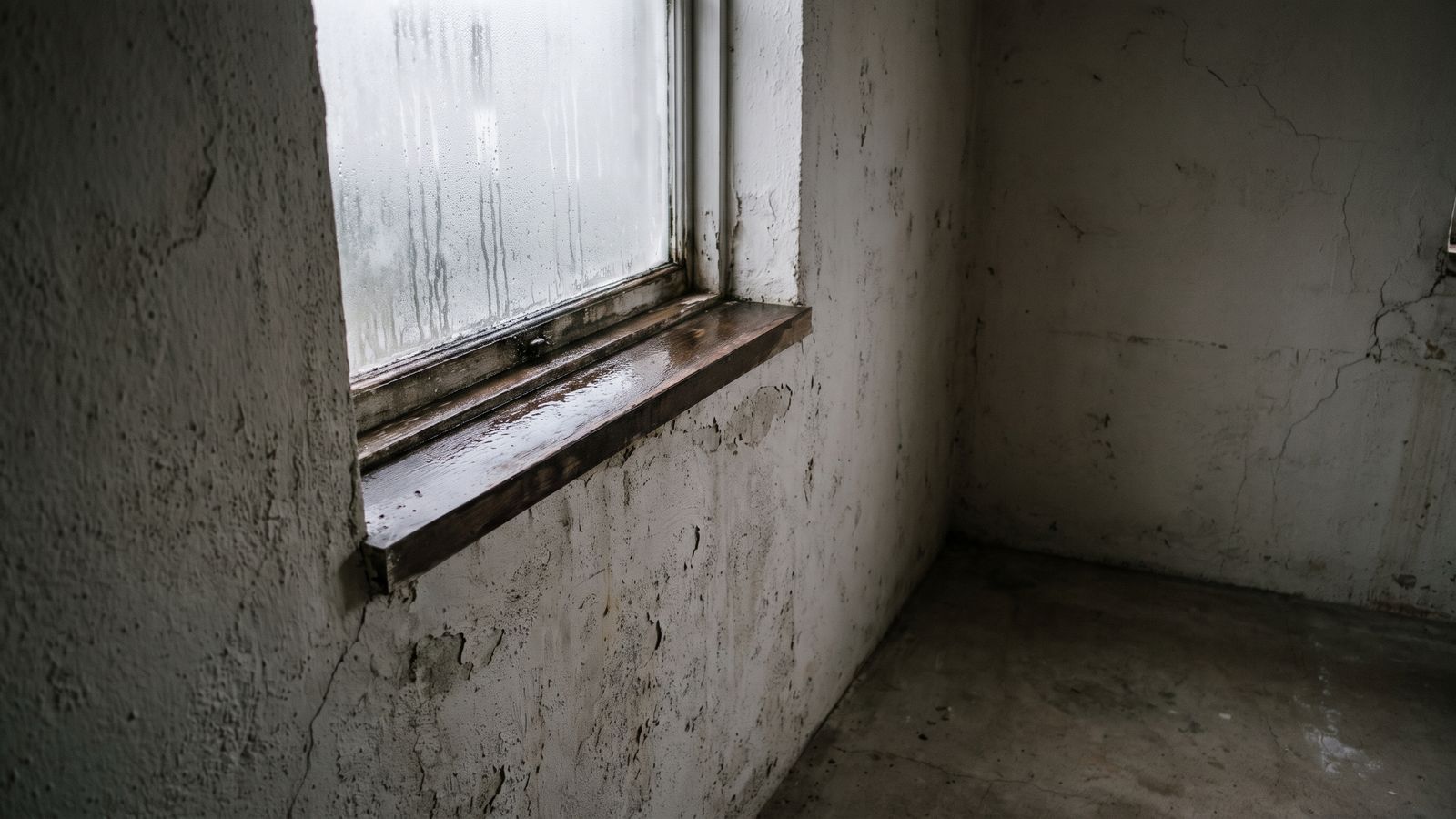 Condensation on a below-grade basement window Condensation running down a below-grade basement window onto a wet sill, what basement humidity in summer looks like