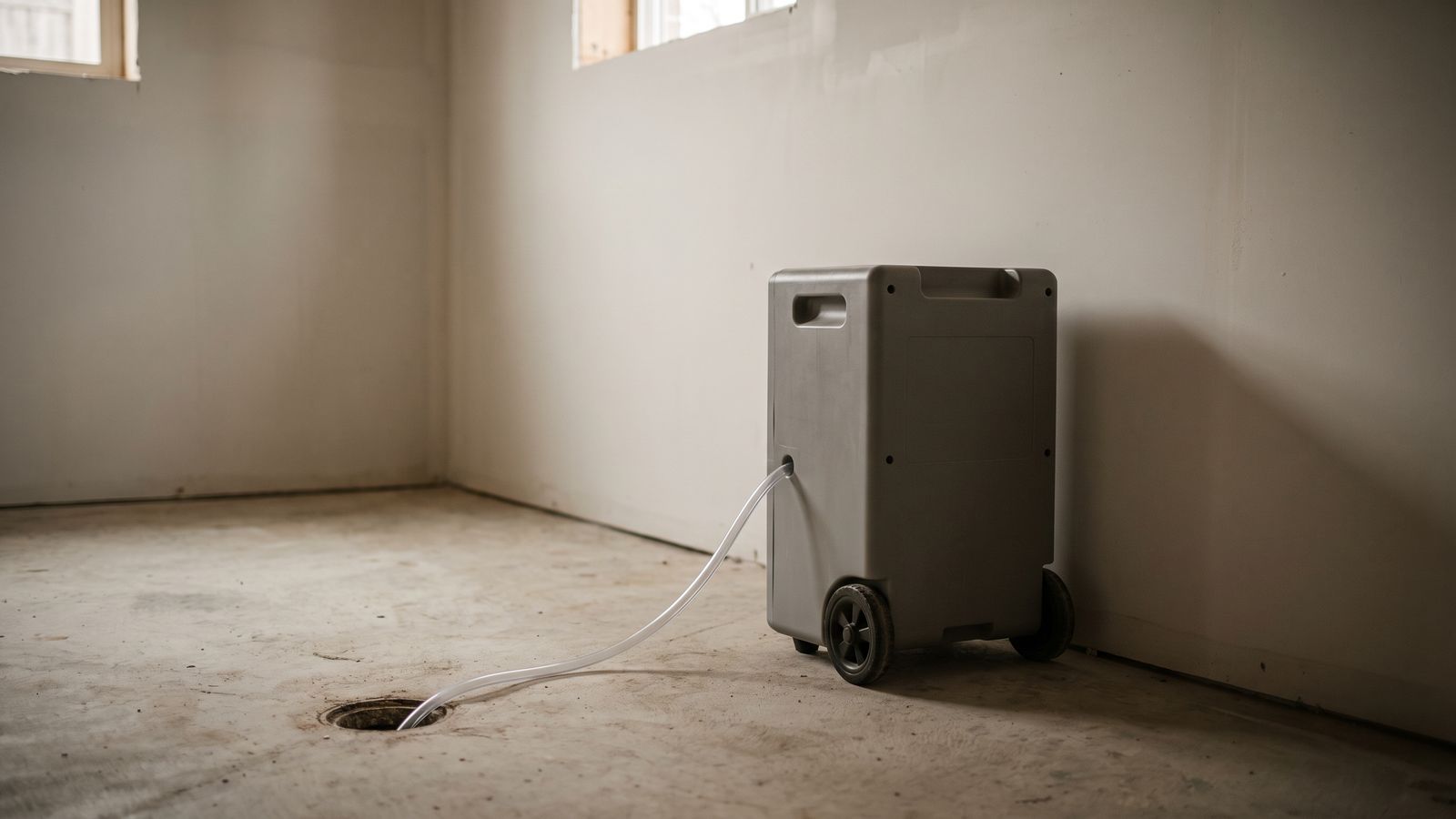 Basement dehumidifier with a line to a floor drain A gray basement dehumidifier set against a bare wall with its clear drain line running into a floor drain