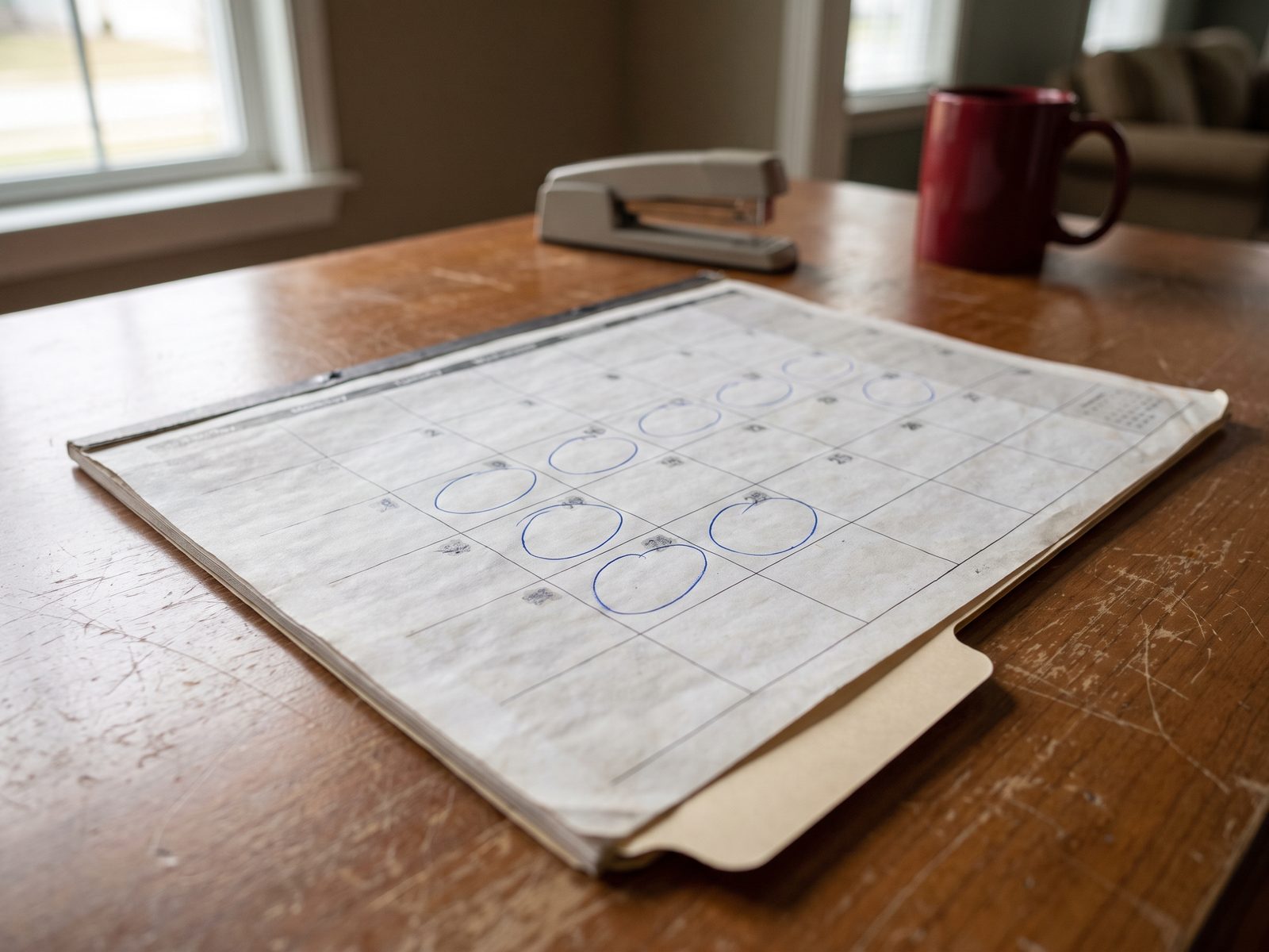 Calendar tracking claim correspondence dates Paper calendar with several dates circled in pen beside a claim folder tab on a desk.
