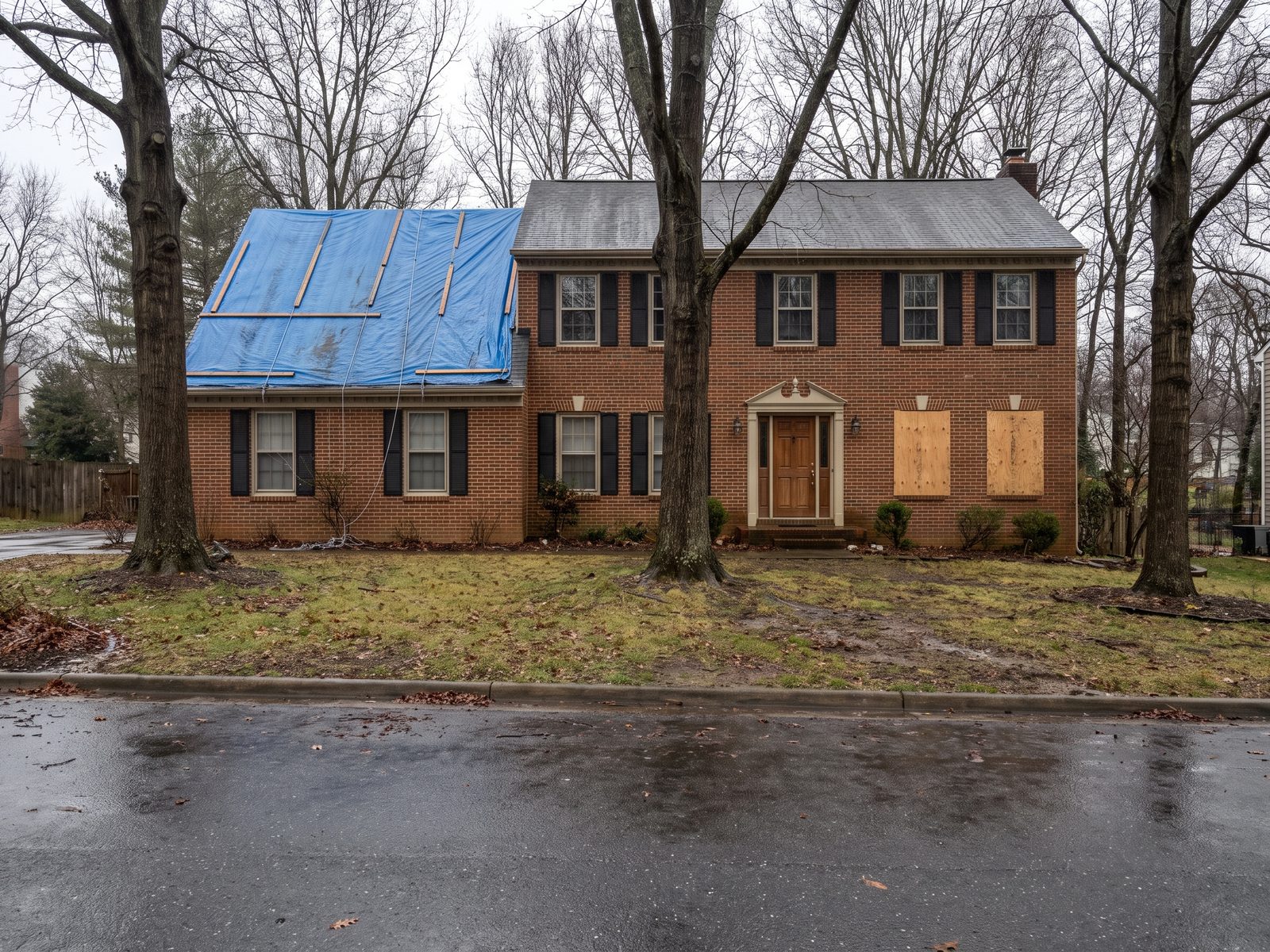 House left in temporary repair during a stalled claim Suburban brick colonial with a tarped roof section and a boarded window seen from the pavement on an overcast day.
